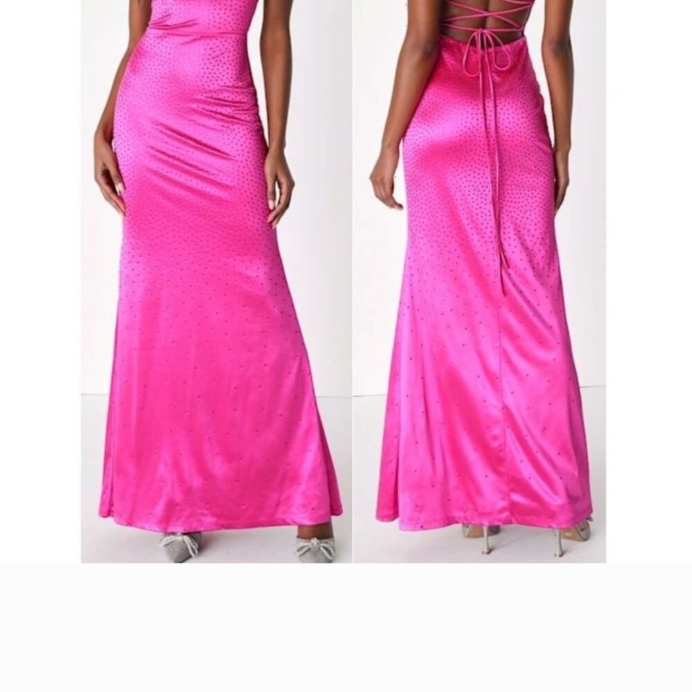 NWT Lulus Radiant Stunner Pink Satin Maxi Dress With Rhinestones